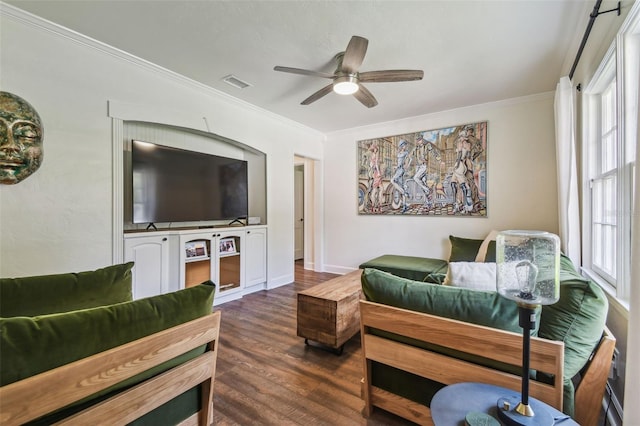 1208 E Crenshaw St, Tampa, FL 33604 - living room featuring ornamental molding, dark wood-type flooring, and ceiling fan