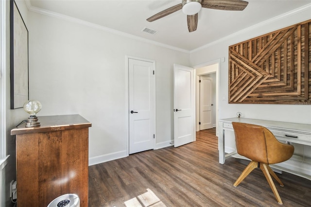 1208 E Crenshaw St, Tampa, FL 33604 - home office featuring a ceiling fan, dark wood-type flooring, and crown molding