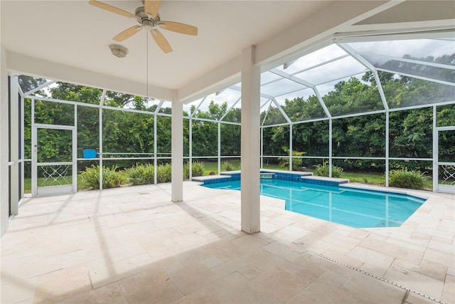 1156 Ridgegrove Dr W, Palm Harbor, FL 34683 - outdoor pool with a patio area, a ceiling fan, glass enclosure, and view of scattered trees