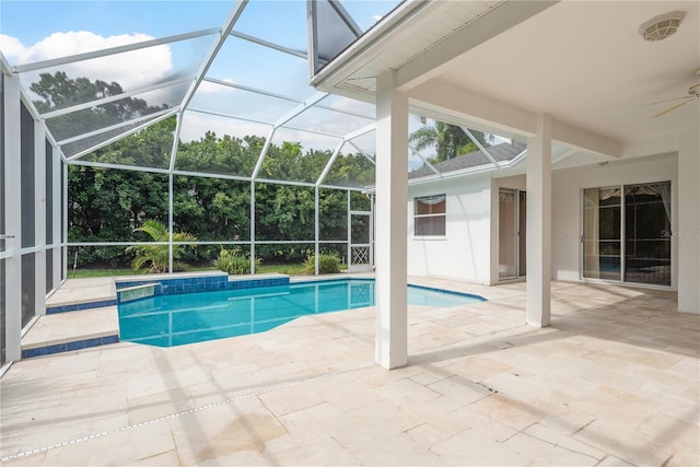 1156 Ridgegrove Dr W, Palm Harbor, FL 34683 - swimming pool with a ceiling fan, a patio, and glass enclosure
