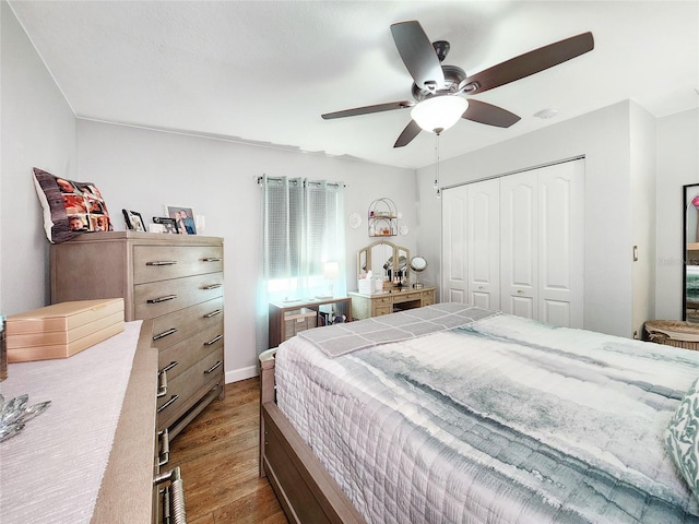 8110 Damara Dr, New Port Richey, FL 34653 - bedroom featuring wood finished floors, a closet, and ceiling fan
