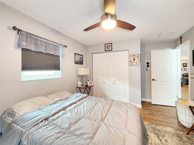 8110 Damara Dr, New Port Richey, FL 34653 - bedroom featuring light wood-style flooring, a closet, and a ceiling fan