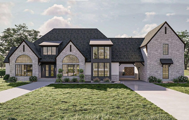 125 Avonwood, Tampa, FL 33625 - french country style house featuring stone siding, a front lawn, and french doors