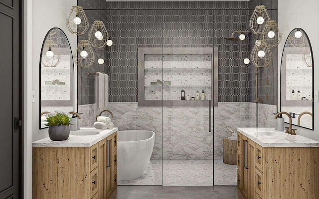 125 Avonwood, Tampa, FL 33625 - full bathroom featuring a marble finish shower, tile walls, a soaking tub, and two vanities