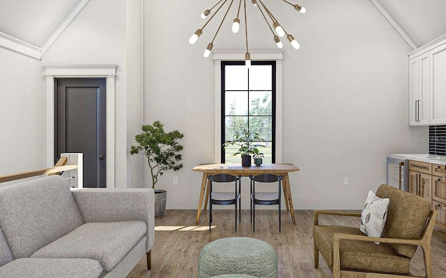 125 Avonwood, Tampa, FL 33625 - living area featuring vaulted ceiling, wood finished floors, and a chandelier