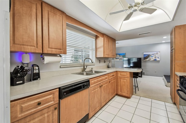 2418 Cardwell Way, Sarasota, FL 34231 - kitchen featuring dishwasher, light colored carpet, a peninsula, light countertops, and recessed lighting