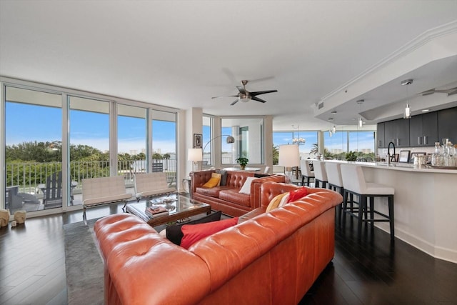 2 Seaside Ln Unit 203, Belleair, FL 33756 - living area featuring dark wood-type flooring, ceiling fan, and expansive windows
