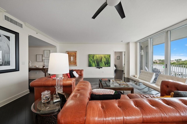 2 Seaside Ln Unit 203, Belleair, FL 33756 - living room with a ceiling fan, wood finished floors, and ornamental molding