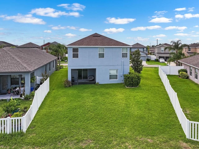 1821 Hawks View Dr, Ruskin, FL 33570 - back of house featuring a residential view, stucco siding, a fenced backyard, and a shingled roof