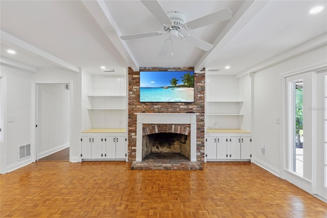 302 Eastleigh Dr, Belleair, FL 33756 - unfurnished living room featuring a fireplace, ceiling fan, recessed lighting, and built in shelves