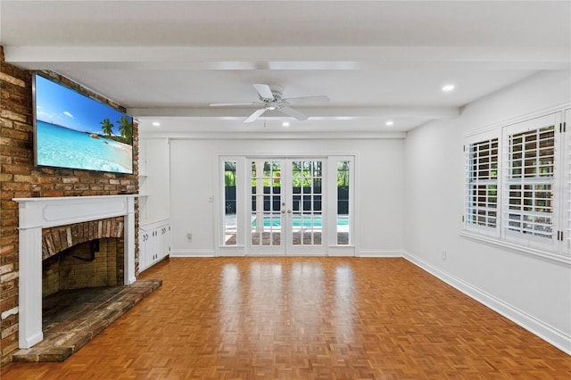 302 Eastleigh Dr, Belleair, FL 33756 - unfurnished living room featuring beam ceiling, ceiling fan, a fireplace, french doors, and recessed lighting