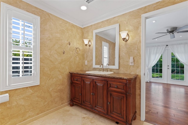 302 Eastleigh Dr, Belleair, FL 33756 - bathroom featuring ornamental molding, plenty of natural light, vanity, recessed lighting, and french doors