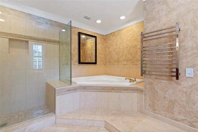 302 Eastleigh Dr, Belleair, FL 33756 - full bath with a bath, crown molding, tiled shower, tile patterned floors, and tile walls