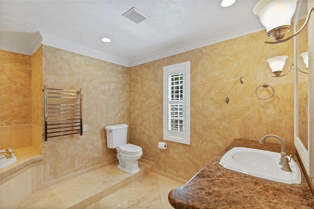 302 Eastleigh Dr, Belleair, FL 33756 - full bathroom with radiator heating unit, ornamental molding, vanity, and a towel warmer