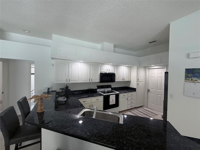 199 N Crystal Meadow Path, Lecanto, FL 34461 - kitchen with black microwave, electric range oven, white cabinetry, a textured ceiling, and a kitchen breakfast bar