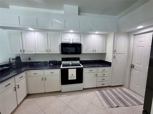 199 N Crystal Meadow Path, Lecanto, FL 34461 - kitchen featuring black microwave, electric range oven, white cabinets, a textured ceiling, and light tile patterned floors