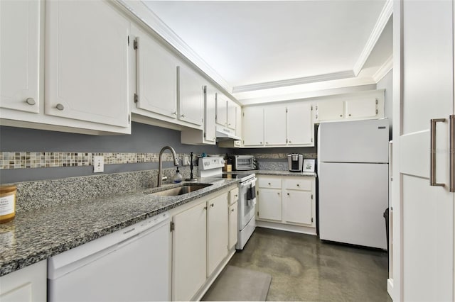 255 Dolphin Pt Unit 207, Clearwater Beach, FL 33767 - kitchen featuring white appliances, finished concrete floors, under cabinet range hood, dark stone counters, and white cabinets