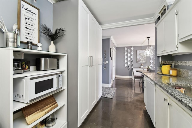 255 Dolphin Pt Unit 207, Clearwater Beach, FL 33767 - kitchen featuring white appliances, finished concrete flooring, ornamental molding, white cabinets, and stone counters