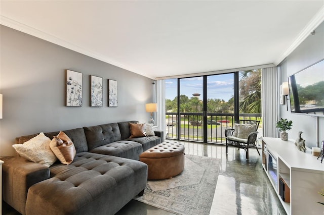 255 Dolphin Pt Unit 207, Clearwater Beach, FL 33767 - living room with floor to ceiling windows, ornamental molding, and finished concrete floors