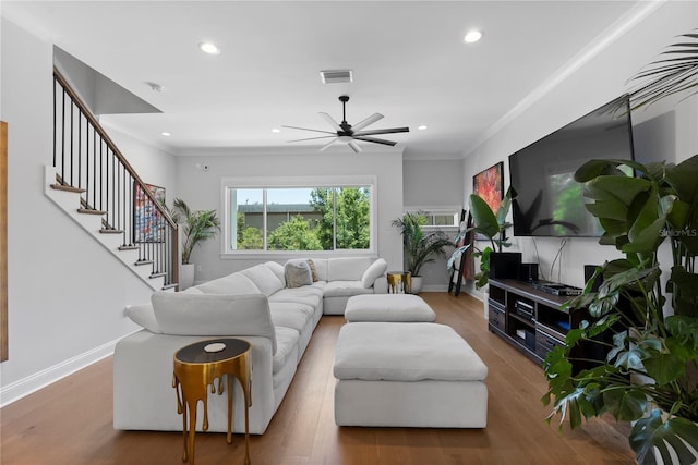 4515 W N A St Unit 6, Tampa, FL 33609 - living area with ceiling fan, recessed lighting, wood finished floors, stairway, and crown molding