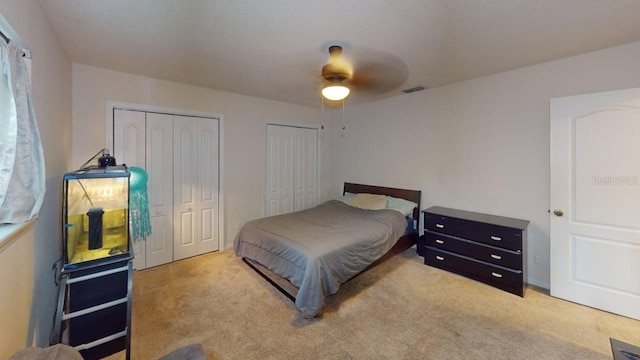 6605 Foxmoor Dr, Zephyrhills, FL 33542 - bedroom with multiple closets, light carpet, and ceiling fan
