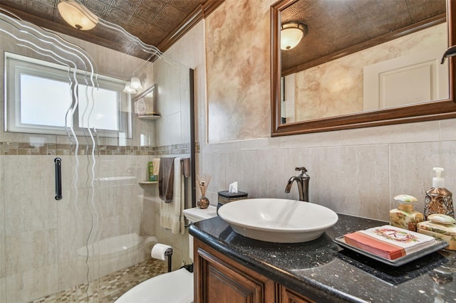 9548 141st St, Seminole, FL 33776 - bathroom with an ornate ceiling, a shower stall, and vanity
