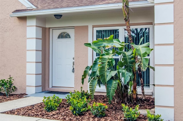 1621 Crossridge Dr, Brandon, FL 33510 - view of exterior entry featuring a shingled roof and stucco siding