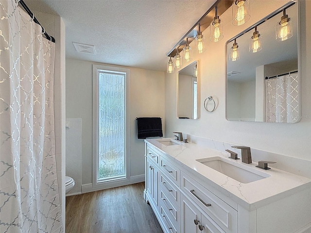 603 Ivey Ln, Tarpon Springs, FL 34689 - bathroom featuring wood finished floors, double vanity, a textured ceiling, and a shower with curtain