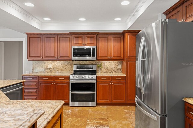 17311 Carriage Way, Odessa, FL 33556 - kitchen featuring appliances with stainless steel finishes, ornamental molding, decorative backsplash, recessed lighting, and light stone countertops