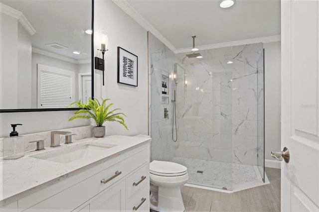 17311 Carriage Way, Odessa, FL 33556 - full bathroom with crown molding, vanity, a marble finish shower, wood finished floors, and recessed lighting