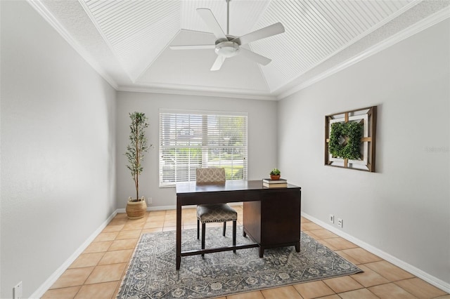 17311 Carriage Way, Odessa, FL 33556 - office area with light tile patterned flooring, ceiling fan, crown molding, vaulted ceiling, and a tray ceiling