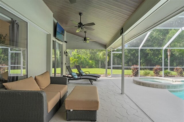 17311 Carriage Way, Odessa, FL 33556 - view of patio / terrace featuring ceiling fan, a pool with connected hot tub, a lanai, and outdoor lounge area