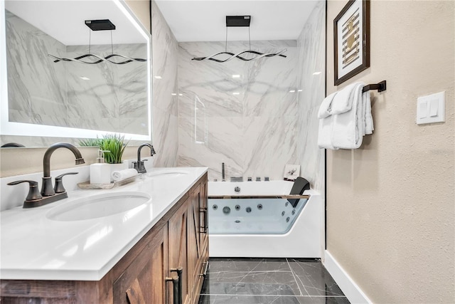 1384 S Hillcrest Ave, Clearwater, FL 33756 - full bath with marble look tile flooring, a tub with jets, double vanity, a marble finish shower, and a textured wall