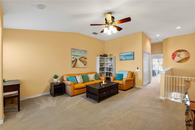6677 84th Ave N, Pinellas Park, FL 33781 - living area featuring carpet flooring, ceiling fan, vaulted ceiling, and recessed lighting