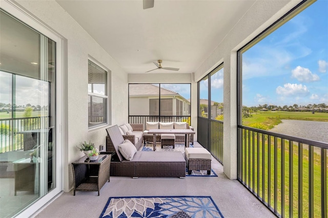 43250 Water Bird Way Unit 5921, Punta Gorda, FL 33982 - sunroom with ceiling fan, outdoor lounge area, and a water view
