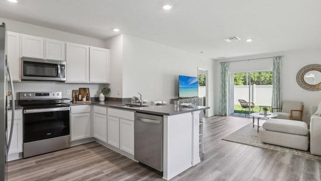 4319 Sand Dollar Way, Zephyrhills, FL 33541 - kitchen with stainless steel appliances, open floor plan, a peninsula, dark countertops, and light wood-style floors