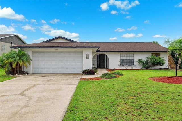 6521 Bimini Ct, Apollo Beach, FL 33572 - ranch-style house with stucco siding, a garage, concrete driveway, and a front yard
