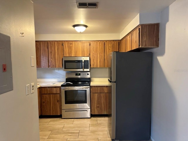 101 Lake Ave NE Unit 121, Largo, FL 33771 - kitchen with stainless steel appliances, brown cabinetry, light countertops, and electric panel