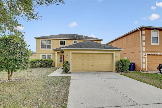 10437 River Bream Dr, Riverview, FL 33569 - traditional home featuring stucco siding, an attached garage, concrete driveway, and a front lawn