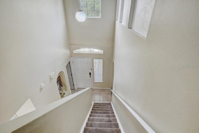 10437 River Bream Dr, Riverview, FL 33569 - stairway with carpet floors and tile patterned flooring