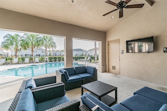 6825 Citrus Creek Ln, Tampa, FL 33625 - view of patio / terrace featuring an outdoor hangout area, a community pool, a ceiling fan, and a residential view