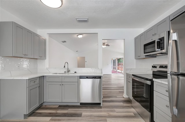 4129 Marlow Loop, Land O Lakes, FL 34639 - kitchen with appliances with stainless steel finishes, gray cabinetry, light wood-type flooring, ceiling fan, and a textured ceiling