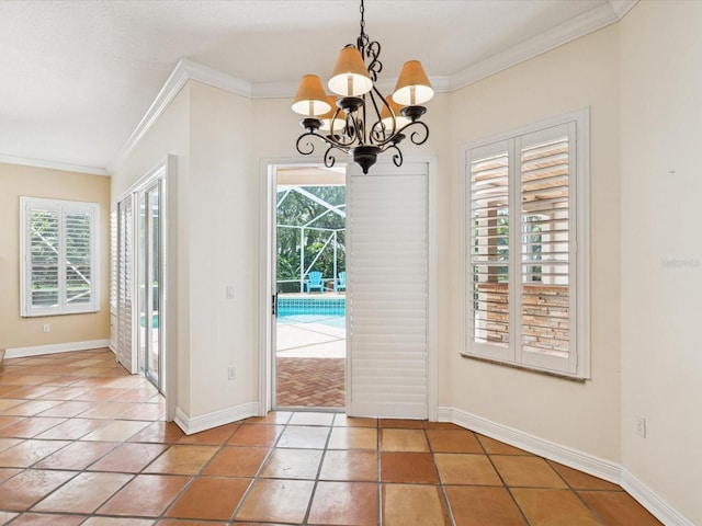 18803 Misty Shores Ln, Lutz, FL 33548 - foyer with plenty of natural light, crown molding, a chandelier, and light tile patterned floors