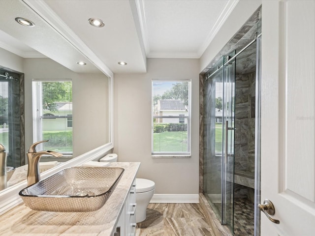 18803 Misty Shores Ln, Lutz, FL 33548 - bathroom featuring crown molding, vanity, a stall shower, marble finish flooring, and recessed lighting