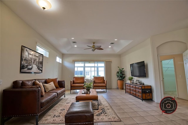 8354 Palmetto Ct, Englewood, FL 34224 - living area featuring ceiling fan, light tile patterned floors, recessed lighting, and a raised ceiling