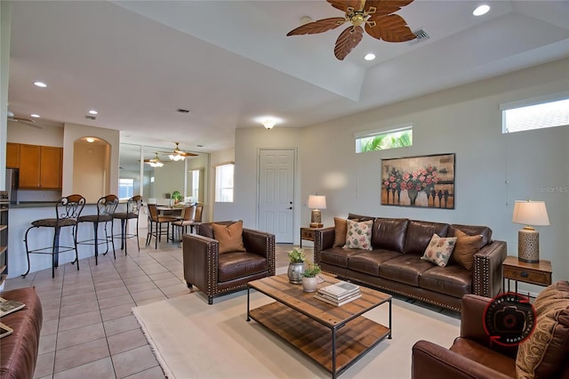 8354 Palmetto Ct, Englewood, FL 34224 - living room featuring ceiling fan, healthy amount of natural light, light tile patterned floors, and recessed lighting