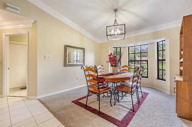 2925 Deerbrook Dr, Lakeland, FL 33811 - dining area featuring light colored carpet, a chandelier, ornamental molding, and light tile patterned floors