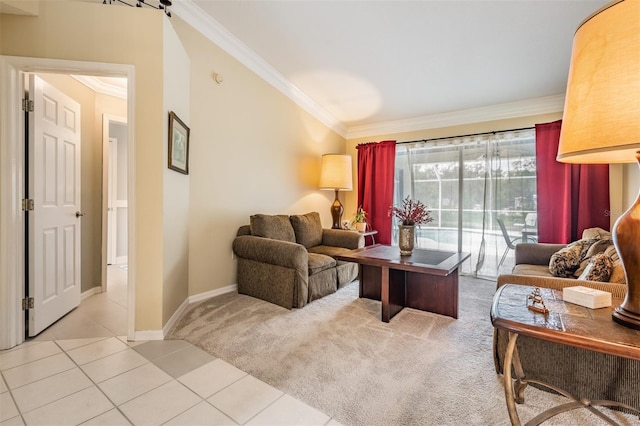 2925 Deerbrook Dr, Lakeland, FL 33811 - living room featuring ornamental molding, light tile patterned flooring, and light carpet
