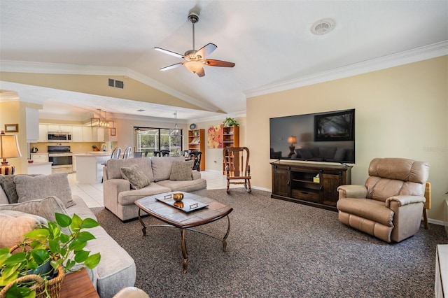 2925 Deerbrook Dr, Lakeland, FL 33811 - carpeted living area featuring ornamental molding, a ceiling fan, and vaulted ceiling