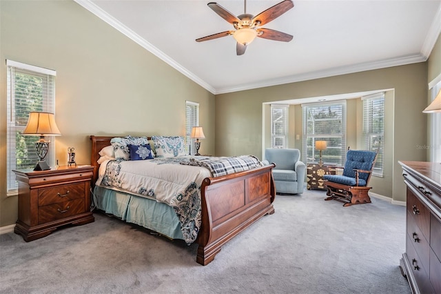 2925 Deerbrook Dr, Lakeland, FL 33811 - carpeted bedroom with vaulted ceiling, crown molding, multiple windows, and ceiling fan